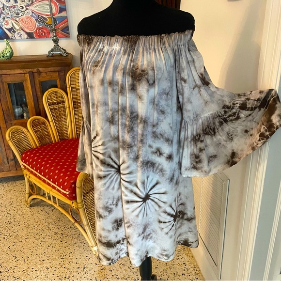 Sacred Threads TIE DYE Boho Brown Woven Rayon Tie Dye Off Shoulder Dress. Medium - Picture 3 of 14